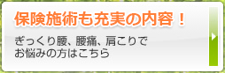 保険施術も充実の内容！ぎっくり腰、腰痛、肩こりでお悩みの方はこちら